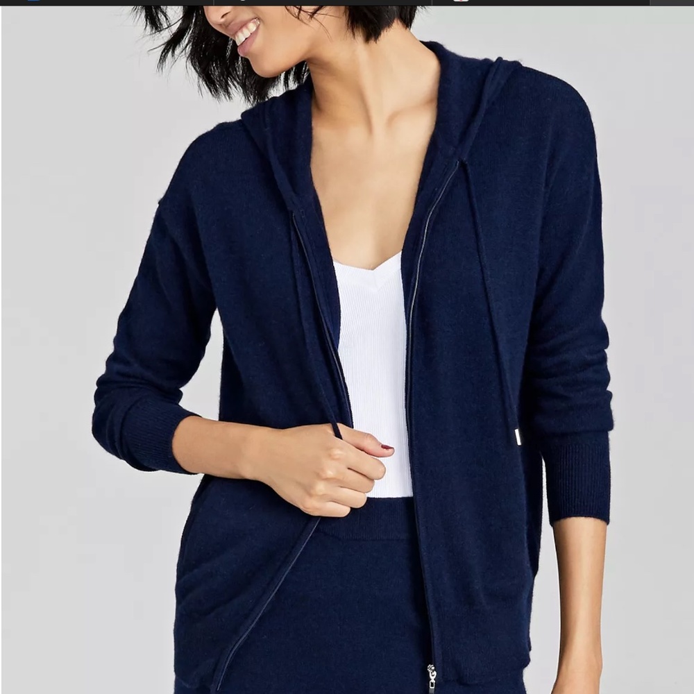 CHARTER CLUB 100% Cashmere Zip-front Hoodie Navy Blue MEDIUM &  PETITE MEDIUM